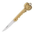 Close-up of golden key-shaped mini folding knife with OK engraving and steel blade - Gold