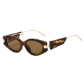 Cat eye sunglasses with tortoise frame and gold metal temples in a 45-degree side view - Regular / Leopard Frame Brown Lens
