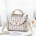 Beige and burgundy polka dot tote bag with gold handle and cartoon coin pouch motif - Printed Khaki
