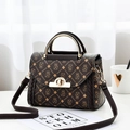 Brown patchwork handbag with gold metal handle and adjustable crossbody strap - Printed Coffee