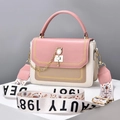 Pink and beige crossbody small square bag with heart embroidery and cat pearl charm - Pink and Khaki