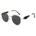Retro oval metal sunglasses with gold frame and black lenses shown from a 45-degree angle - Gold Frame Grey Lens