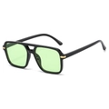 Retro square double bridge sunglasses with black frames and light green tinted lenses - Black Frame Green Lens