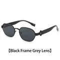 Square fashion sunglasses with black frame, gray lenses and geometric hollow temple design - Black Frame Grey Lens