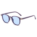 Fashionable oversized oval sunglasses with purple frames and blue lenses on a white background - Regular / Standard Purple Frame with Blue Lenses