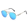 Retro round silver metal punk sunglasses with reflective blue lenses and spring hinges - Silver Frame Icy Blue Mirrored
