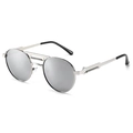 Steampunk silver metal round sunglasses with mirrored lenses and spring bridge detail - Silver Frame White Mirror Lens