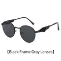 Retro oval sunglasses with black frame, gray lenses and geometric cut temples - Black Frame Grey Lens