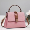 Elegant red and white tweed tote bag with brown leather straps and gold metal hardware - Pink