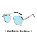 Lunettes de soleil rétro à monture en métal argenté avec verres bleus et style steampunk - Monture Argent Verres Bleus