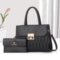 Elegant black leather tote bag and envelope wallet set with gold hardware and snake pattern - Black