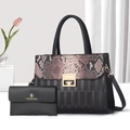 Elegant black snake pattern patchwork tote bag set with matching wallet and shoulder strap - Black & Coffee