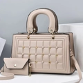 Elegant beige tote bag set with square embossing and adjustable gold metal strap details - Khaki