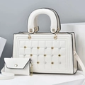 White quilted tote bag set with pearl studs and matching mini pouch for women - White