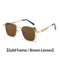 Retro square gold metal sunglasses featuring brown lenses and detailed spring temples - Standard (stainless Steel) / Standard Gold Frame with Brown Lenses