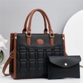 Brown and black quilted patchwork tote bag with matching small pouch and gold hardware - Black