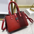 Red crocodile texture leather handbag for women with metallic floral twist lock closure - Red