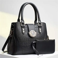 Black crocodile embossed tote bag set with star metal buckle and shoulder strap - Black