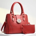 Two-piece red textured leather tote bag set with crocodile pattern and star hardware detail - Red