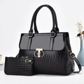 Lizard pattern black tote bag set with golden T-lock and matching clutch purse - Black