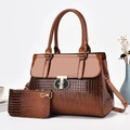 Brown lizard pattern leather tote bag set with glossy flap and adjustable strap - Khaki/Earth Yellow