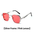 Retro square silver frame sunglasses with pink lenses and punk metal temple details - Standard (stainless Steel) / Regular (Incl. 13% VAT) Silver Frame, Pink Lenses