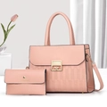 Pink faux leather tote bag set with snakeskin texture and gold hardware accessories - Pink