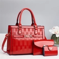 Three-piece red patent leather handbag set with lattice pattern and gold chain straps - Red