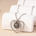 Vintage heart and sunflower pendant necklace in oxidized silver finish for women - Heart Sunflower Style (X002)