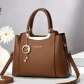 Brown litchi pattern leather handbag with top handle and star pearl charm - Dark Khaki