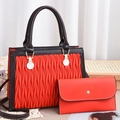 Red embroidered vintage style tote bag and matching wallet set with black handles - Red