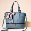 Retro blue PU leather tote bag with vintage silk scarf and double zipper detail - Blue Gold