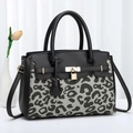 Chic women's cow print and black leather handbag with gold buckle in minimalist setting - Litchi Pattern Army Green with Black