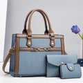 Three-piece women bag set featuring sky blue pleated texture and brown leather trim - 28x11x21cm / Blue