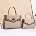 Elegant 2-piece set of beige PU leather handbags featuring a woven texture and turn-lock - Khaki