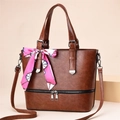 Brown large capacity tote bag with decorative silk scarf and adjustable strap - Khaki/Earth Yellow