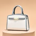 Structured two-tone white and grey handbag with gold metal lock on display stand - Off White