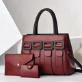 Three-piece burgundy shoulder bag set with lychee grain texture and gold metal hardware - Red