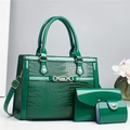 Three-piece set of green crocodile embossed patent leather tote, envelope bag and card holder - Green