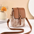 Retro mini crossbody bag with brown leather flap and jacquard fabric for cell phones - Khaki/Earth Yellow