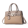 Structured tote bag with textured base and smooth leather top featuring a metal padlock - Khaki