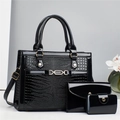 Three-piece black glossy patent leather crossbody handbag set with crocodile embossing - Black