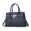 Dark blue shoulder bag with woven texture, golden padlock, and top handles on white background - Dark Blue