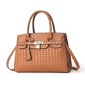 Sac à main marron en cuir tressé avec poignée supérieure et serrure dorée - Jaune Terre