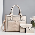 Three-piece beige handbag set featuring glossy patent leather and crocodile texture embossing - White
