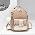 Quilted beige and white contrast leather backpack with fluffy ball charm and metal V-clasp - Khaki