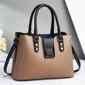 Minimalist color-block tote bag in camel and black textured faux leather with top handle - Apricot