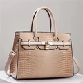 Beige faux lizard skin tote bag with gold lock closure and detachable shoulder strap - Khaki