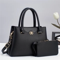 Set borsa tote nera a grana con dettagli dorati e portafoglio lungo coordinato - Nero