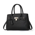 Black textured shoulder bag with woven leather pattern and gold hardware accents - Black